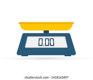 Weight scale on white background. Weighing scales with pan and dial. Vector stock illustration.