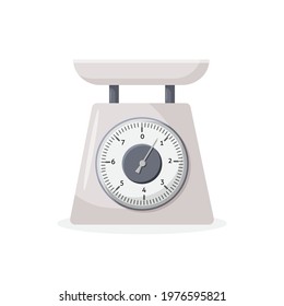 Weight scale on white background. Weighing scales with pan and dial. Qualitative vector illustration for weight measurement, kitchen appliances, measuring tool. Vector illustration