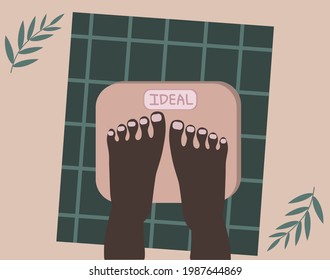 Vektor mit Gewichtsskala. Ideal Zahl auf Skala. Schwarze Frau Füße auf Waage.Vektorflache Cartoon-Illustration. Ideal Gewicht. Du bist schön. Weibliche, handgezeichnete Illustration. Poster, Banner.