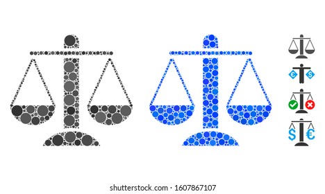 Weight scales composition of round dots in various sizes and color hues, based on weight scales icon. Vector round elements are united into blue composition.