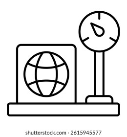 Weight scales with counter and box thin line icon, delivery concept. Vector graphics. Box on scales sign on white background, linear style for mobile or design