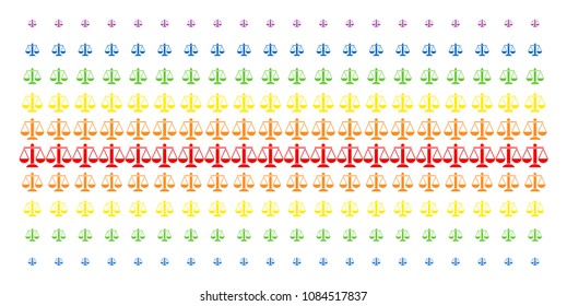 Weight Scales icon rainbow colored halftone pattern. Vector shapes organized into halftone matrix with vertical spectral gradient. Constructed for backgrounds, covers,