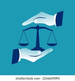 Weight scales justice hold in hand judge. Civil rights. Law and justice concept. Vector abstract illustration flat design. Isolated on background. Legal services.