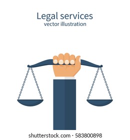 Weight scales justice hold in hand judge. Civil rights. Law and justice concept. Vector abstract illustration flat design. Isolated on background. Legal services.
