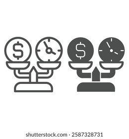 Weight scales with two coins line and solid icon, financial advice concept. Vector graphics. Dollar exchange, money maker time sign on white background, outline style icon for mobile or web design