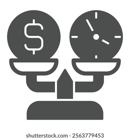 Weight scales with two coins solid icon, financial advice concept. Vector graphics. Dollar exchange, money maker time sign on white background, glyph style icon for mobile or web design