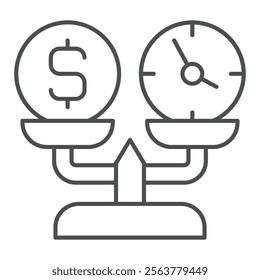 Weight scales with two coins thin line icon, financial advice concept. Vector graphics. Dollar exchange, money maker time sign on white background, outline style icon for mobile or web design