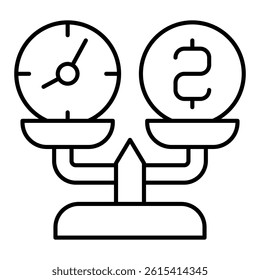 Weight scales with two coins thin line icon, financial advice concept. Vector graphics. Money exchange, measurement sign on white background, linear style for mobile or design