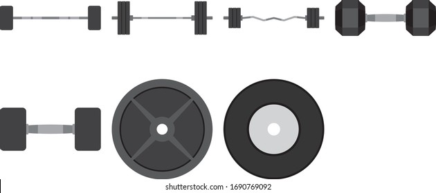 Weight set for strength training or body building at the gym. Vector graphic.

1.	Barbell (Fixed)
2.	Barbell (Plates)
3.	Ez-Bar
4.	Hex dumbbell
5.	Round dumbbell
6.	Plates (Metal)
7.	Plates (Rubber)