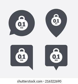 Weight sign icon. 0.1 kilogram (kg). Envelope mail weight. Map pointers information buttons. Speech bubbles with icons. Vector