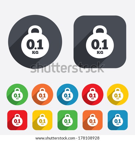 Weight sign icon. 0.1 kilogram (kg). Envelope mail weight. Circles and rounded squares 12 buttons. Vector