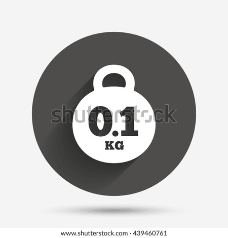 Weight sign icon. 0.1 kilogram (kg). Envelope mail weight. Circle flat button with shadow. Vector