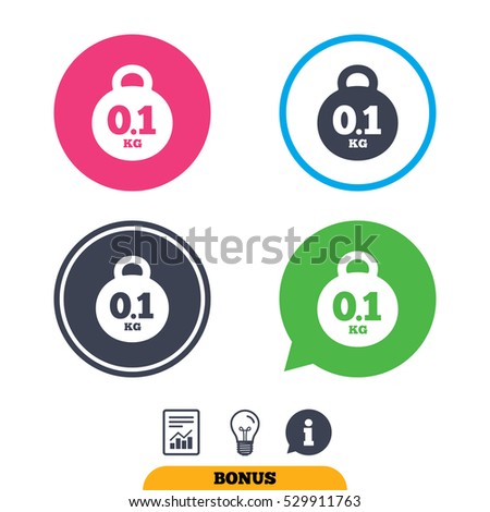 Weight sign icon. 0.1 kilogram (kg). Envelope mail weight. Report document, information sign and light bulb icons. Vector