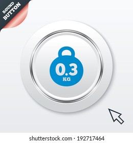 Weight sign icon. 0.3 kilogram (kg). Envelope mail weight. White button with metallic line. Modern UI website button with mouse cursor pointer. Vector