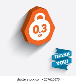 Weight sign icon. 0.3 kilogram (kg). Envelope mail weight. White icon on orange 3D piece of wall. Carved in stone with long flat shadow. Vector
