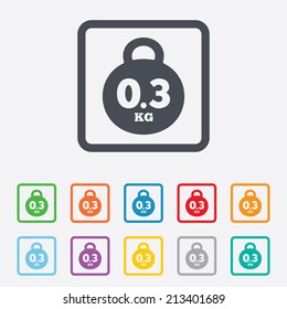 Weight sign icon. 0.3 kilogram (kg). Envelope mail weight. Round squares buttons with frame. Vector
