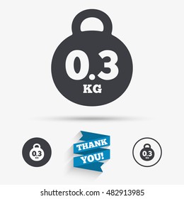 Weight sign icon. 0.3 kilogram (kg). Envelope mail weight. Flat icons. Buttons with icons. Thank you ribbon. Vector