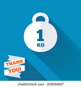 Weight sign icon. 1 kilogram (kg). Envelope mail weight. White flat icon with long shadow. Paper ribbon label with Thank you text. Vector
