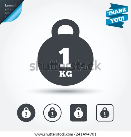 Weight sign icon. 1 kilogram (kg). Envelope mail weight. Circle and square buttons. Flat design set. Thank you ribbon. Vector