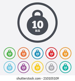 Weight sign icon. 10 kilogram (kg). Sport symbol. Fitness. Round circle buttons with frame. Vector