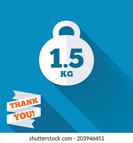 Weight sign icon. 1.5 kilogram (kg). Envelope mail weight. White flat icon with long shadow. Paper ribbon label with Thank you text. Vector