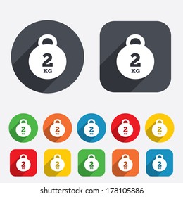Weight sign icon. 2 kilogram (kg). Envelope mail weight. Circles and rounded squares 12 buttons. Vector