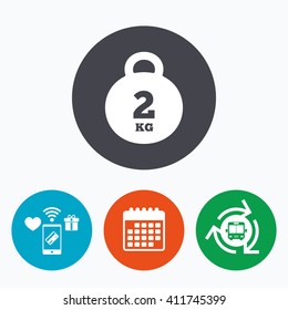 Weight sign icon. 2 kilogram (kg). Envelope mail weight. Mobile payments, calendar and wifi icons. Bus shuttle.