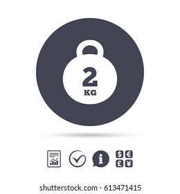 Weight sign icon. 2 kilogram (kg). Envelope mail weight. Report document, information and check tick icons. Currency exchange. Vector