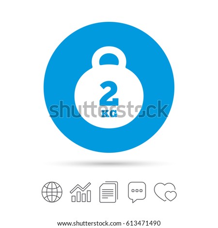Weight sign icon. 2 kilogram (kg). Envelope mail weight. Copy files, chat speech bubble and chart web icons. Vector