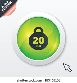 Weight sign icon. 20 kilogram (kg). Sport symbol. Fitness. Green shiny button. Modern UI website button with mouse cursor pointer. Vector