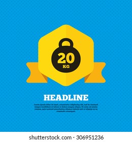 Weight sign icon. 20 kilogram (kg). Sport symbol. Fitness. Yellow label tag. Circles seamless pattern on back. Vector