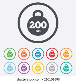 Weight sign icon. 200 kilogram (kg). Sport symbol. Fitness. Round circle buttons with frame. Vector