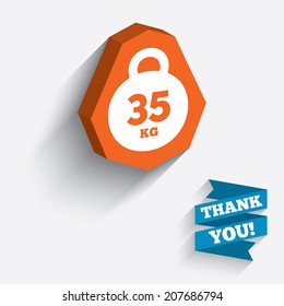 Weight sign icon. 35 kilogram (kg). Sport symbol. Fitness. White icon on orange 3D piece of wall. Carved in stone with long flat shadow. Vector