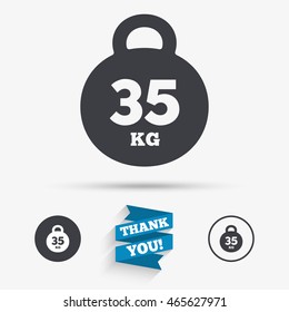Weight sign icon. 35 kilogram (kg). Sport symbol. Fitness. Flat icons. Buttons with icons. Thank you ribbon. Vector