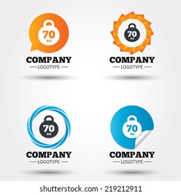 Weight sign icon. 70 kilogram (kg). Sport symbol. Fitness. Business abstract circle logos. Icon in speech bubble, wreath. Vector