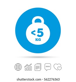 Weight sign icon. Less than 5 kilogram (kg). Sport symbol. Fitness. Copy files, chat speech bubble and chart web icons. Vector