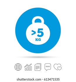 Weight sign icon. More than 5 kilogram (kg). Sport symbol. Fitness. Copy files, chat speech bubble and chart web icons. Vector