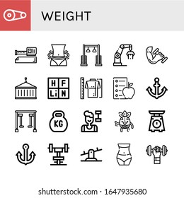weight simple icons set. Contains such icons as Pulley, Measure tape, Hula hoop, Crane, Dumbbell, Periodic table, Measure, Diet, Anchor, Gym equipment, can be used for web, mobile and logo