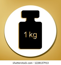 Weight simple sign. Vector. Black icon with light brown shadow in white circle with shaped ring at golden background.