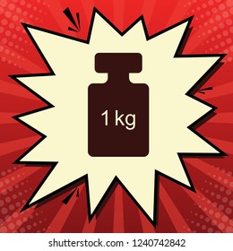 Weight simple sign. Vector. Dark red icon in lemon chiffon shutter bubble at red popart background with rays.