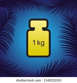 Weight simple sign. Vector. Golden icon with black contour at blue background with branches of palm trees.