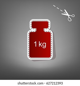 Weight simple sign. Vector. Red icon with for applique from paper with shadow on gray background with scissors.