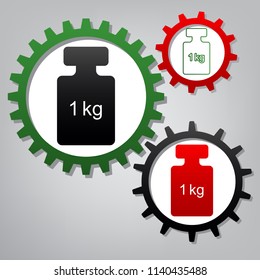 Weight simple sign. Vector. Three connected gears with icons at grayish background.