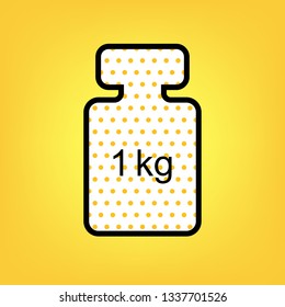 Weight simple sign. Vector. Yellow polka dot white icon with black contour at warm yellow background.