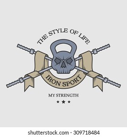 The weight of the skull of the rod and strip for text. Bodybuilding emblem.