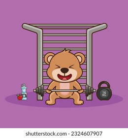 Weight training, Adorable and Cute Cartoon Bear Lifting Barbell. Weightlifting Muscles training with Barbell. Cartoon Vector Workout Icon Illustration, Gym Workout mascot, cute sticker, cartoon style