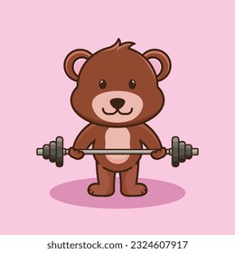 Weight training, Adorable and Cute Cartoon Bear Lifting Barbell. Weightlifting Muscles training with Barbell. Cartoon Vector Workout Icon Illustration, Gym Workout mascot, cute sticker, cartoon style