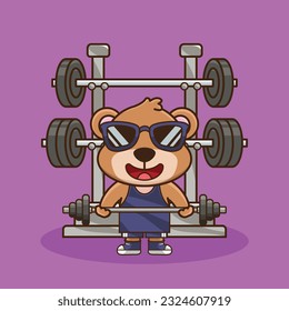 Weight training, Adorable and Cute Cartoon Bear Lifting Barbell. Weightlifting Muscles training with Barbell. Cartoon Vector Workout Icon Illustration, Gym Workout mascot, cute sticker, cartoon style