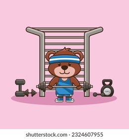 Weight training, Adorable and Cute Cartoon Bear Lifting Barbell. Weightlifting Muscles training with Barbell. Cartoon Vector Workout Icon Illustration, Gym Workout mascot, cute sticker, cartoon style
