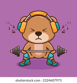 Weight training, Adorable and Cute Cartoon Bear Lifting Barbell. Weightlifting Muscles training with Barbell. Cartoon Vector Workout Icon Illustration, Gym Workout mascot, cute sticker, cartoon style